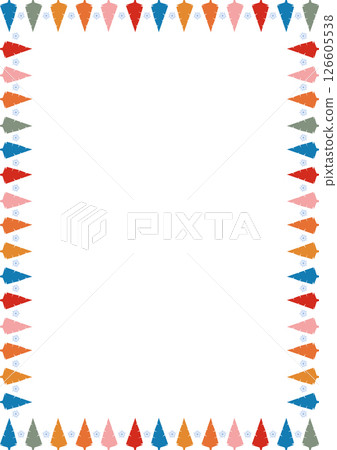 Colorful snowy pine tree forest frame. Festive greeting template with Christmas tree elements. Bright border Colorful snowy pine tree forest frame. Festive greeting template with Christmas tree elements. Bright border 126605538