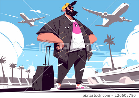 Stylish man with beard & sunglasses ready for vacation at airport. Flat vector illustration of travel, leisure, and holiday journey Stylish man with beard & sunglasses ready for vacation at airport. Flat vector illustration of travel, leisure, and holiday journey 126605786