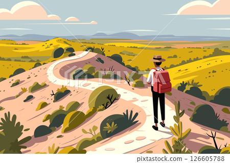 Traveler with backpack walking on winding path through scenic hills. Colorful cartoon landscape, adventure, hiking, exploration, nature, outdoor journey, wanderlust, summer vector illustration. 126605788