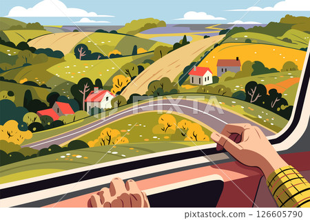 Scenic countryside view from a train window, featuring rolling hills, colorful fields, and charming houses. Vibrant rural landscape vector illustration, perfect for travel and adventure concepts 126605790