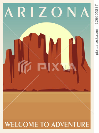 Arizona travel poster. Vector illustration of scenic desert landscape. Beautiful landscape of red canyons Arizona travel poster. Vector illustration of scenic desert landscape. Beautiful landscape of red canyons 126605857