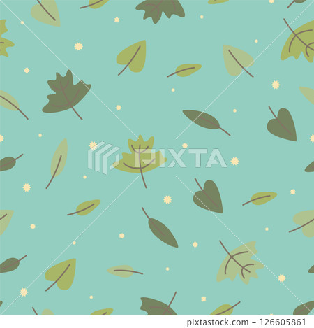 Colorful springtime leaf elements seamless pattern. Leaves and pollen on bright background Colorful springtime leaf elements seamless pattern. Leaves and pollen on bright background 126605861