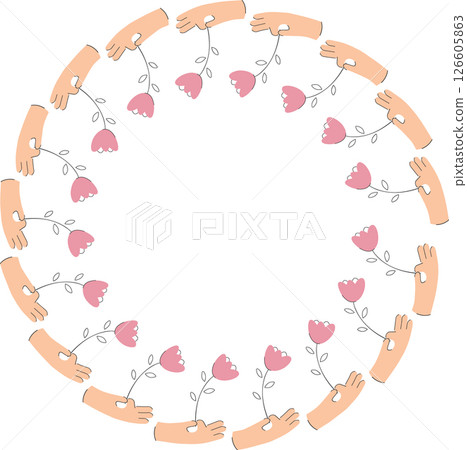 Tulip in hand frame decoration. Hand with pink tulip border. Flower round frame for Women's Day 126605863