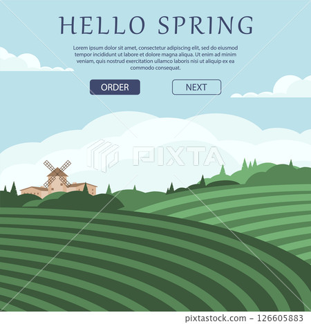 Spring travel advertising background. Summer landscape of nature, spring wheat fields banner 126605883