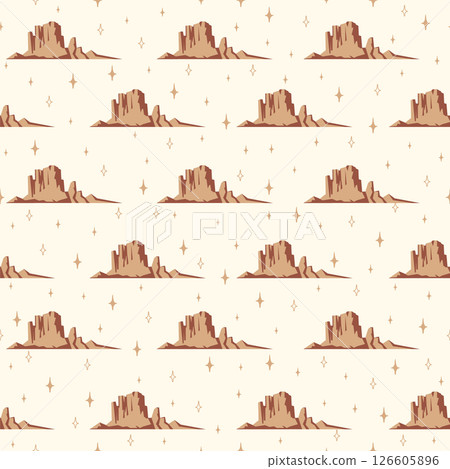 Arizona Desert seamless pattern. Landscape with mountains, starry sky hand drawn ornate illustration Arizona Desert seamless pattern. Landscape with mountains, starry sky hand drawn ornate illustration 126605896