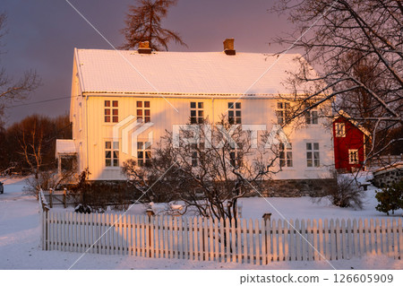 White building in the sunrise, Norway 126605909