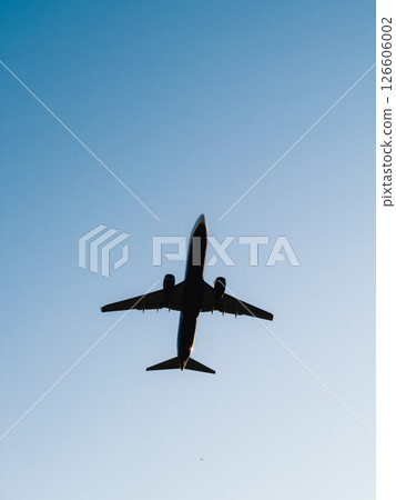 Passenger Jet plane soaring high in clear blue sky, climbing after takeoff from airport runway, embodying spirit of travel, excitement of business trips. symbolizing freedom and professional ambition Passenger Jet plane soaring high in clear blue sky, climbing after takeoff from airport runway, embodying spirit of travel, excitement of business trips. symbolizing freedom and professional ambition 126606002