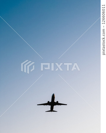 Jet plane soaring high against a clear blue sky, showcasing the beauty of modern air travel and the boundless expanse of the atmosphere, embodying freedom and adventure. limitless aerial exploration 126606011