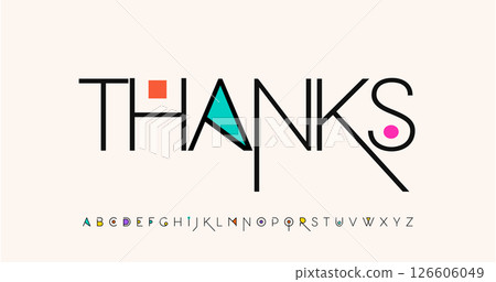 Thanks text with modern geometric style for subscribers and followers. Minimalist colorful font for greeting card, branding, logo, social media headline. Font alphabet logo design.Vector illustration. 126606049