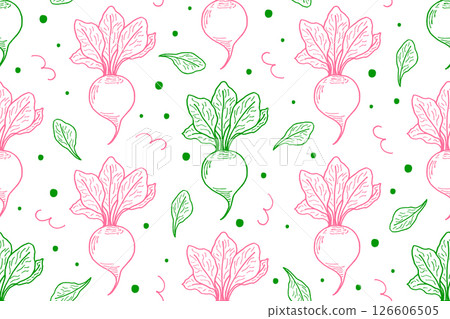 Sugar beet pattern, seamless pattern for culinary background. Vegetable pattern, contour silhouette. Kitchen textiles, food packaging, prints on clothes. 126606505
