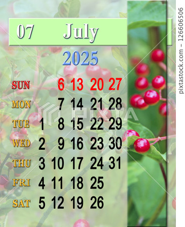 Calendar for July 2025 with photo of viburnum. Calendar for July 2025 with photo of viburnum. 126606506