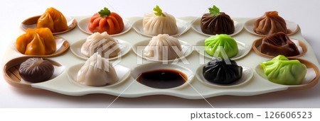 Assorted dim sum displayed on a white plate includes spring rolls, dumplings, and dipping sauces, perfect for a leisurely meal in a vibrant restaurant setting, banner 126606523