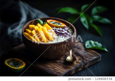 A vibrant bowl of seasonal breakfast showcases ripe mango slices paired with creamy coconut and nutty purple rice, adorned with fresh basil leaves for added flavor A vibrant bowl of seasonal breakfast showcases ripe mango slices paired with creamy coconut and nutty purple rice, adorned with fresh basil leaves for added flavor 126606538