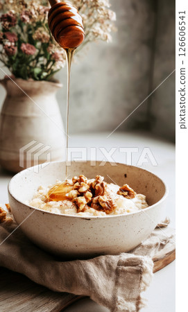 Warm oats topped with bananas and walnuts create a cozy breakfast in a softly lit kitchen. Honey drizzles add a touch of sweetness to this seasonal meal 126606541