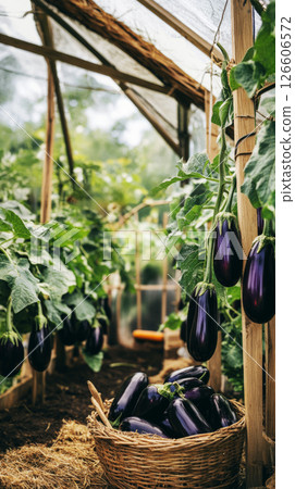 Vibrant greenhouse features freshly harvested eggplants in a rustic basket, surrounded by lush greenery, highlighting the essence of organic gardening and sustainable practices 126606572