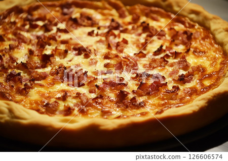 Quiche Lorraine, a classic French dish, highlights a perfect balance of crispy bacon and creamy filling nestled in a flaky, golden crust, ideal for brunch or dinner 126606574