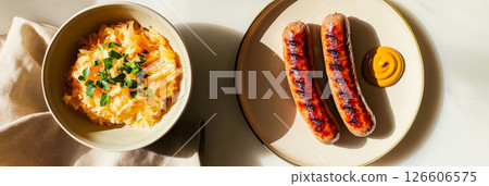 A delicious serving of tangy sauerkraut with green onions alongside perfectly grilled sausages and a dollop of mustard on a clean dining surface creates a warm homey feel, banner 126606575