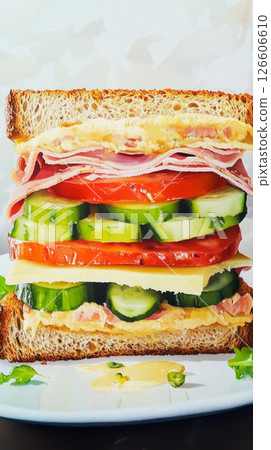 This vibrant sandwich features layers of thickly sliced ham, crisp cucumbers, and ripe tomatoes, all stacked high on whole grain bread, showcasing a colorful meal 126606610
