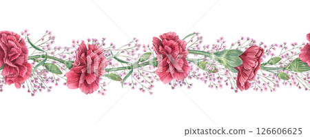Red carnations and delicate pink gypsophila horizontal watercolor seamless banner isolated background. Hand painted flowers for wedding invitations, floral branding, love themed packaging 126606625