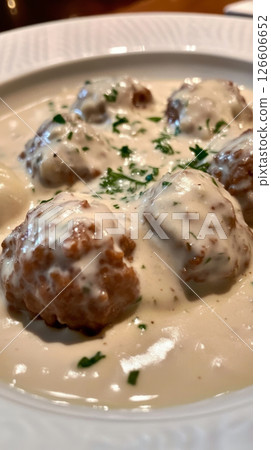 Enjoying a plate of traditional Konigsberger Klopse, featuring tender meatballs in a rich cream sauce, paired perfectly with fluffy mashed potatoes 126606652