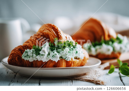 Croissants are beautifully arranged on a rustic surface, filled with a spinach and cream mixture, and adorned with fresh herbs, perfect for a seasonal breakfast 126606656