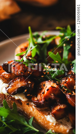 A delicious sandwich features grilled vegetables mixed with fresh greens, resting atop a slice of rustic bread, garnished for an appealing presentation 126606661