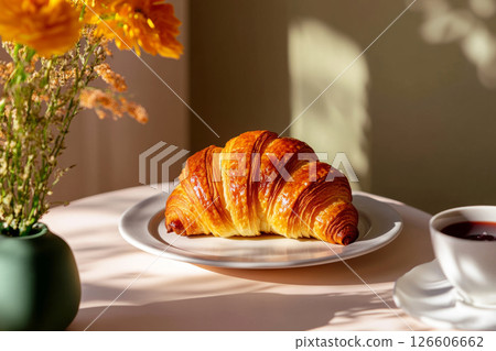 A golden, flaky croissant rests on a wooden board, complemented by a vase of vibrant flowers on a table bathed in warm sunlight 126606662