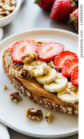A vibrant sandwich features layers of sliced strawberries and bananas on whole grain bread, topped with almond slices and nut butter for a nutritious snack 126606690