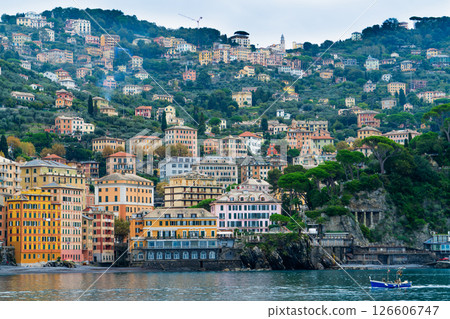 Scenic Coastal Town on Hillside near Genoa, Liguria, Italy 126606747