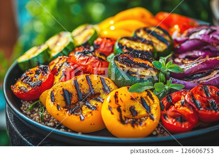 Grilled colorful vegetables arranged on a black plate with fresh herbs and grains for healthy meal 126606753