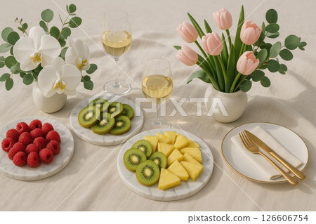 Elegant picnic table setup with fresh fruit, white wine, and floral decor on a linen cloth. Concept of luxury, freshness, and minimalistic outdoor dining with copy space 126606754