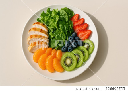 Colorful plate with grilled chicken, fresh greens, and assorted fruits on a light background. Concept of healthy eating, balanced nutrition, and clean food with copy space 126606755