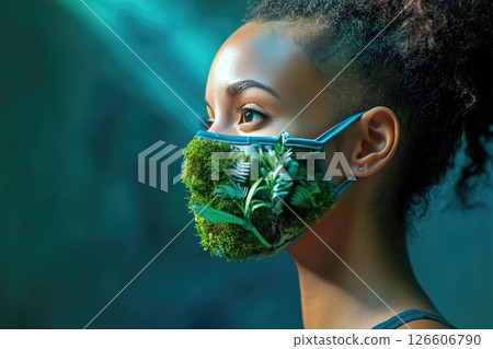 Young woman wearing a creative mask made of moss and plants, showcasing environmental awareness 126606790