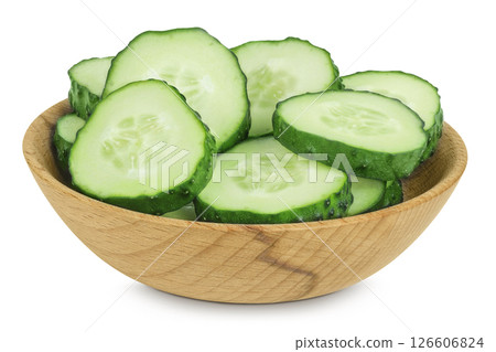 Sliced cucumber in wooden bowl isolated on white background with full depth of field 126606824