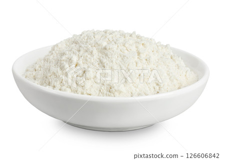 White flour in ceramic bowl isolated on white background 126606842