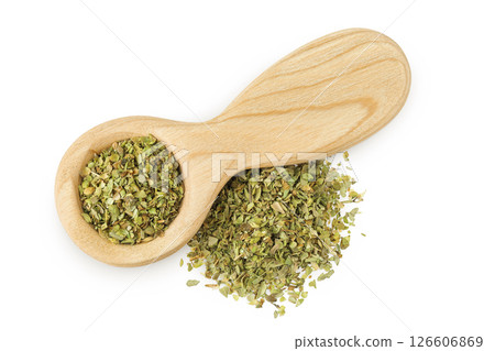 Oregano or marjoram leaves fresh and dry in wooden spoon isolated on white background. Top view. Flat lay 126606869