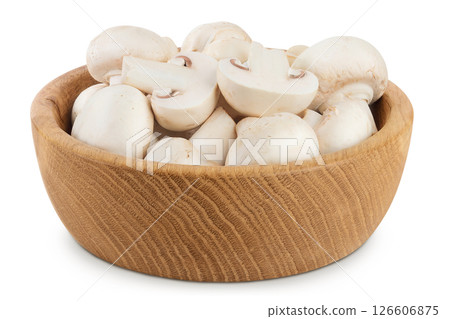 Fresh mushroom champignon in a wooden bowl isolated on white background 126606875