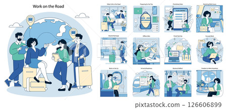 Illustration showcasing digital nomads collaborating while traveling. Diverse group discusses tasks, prioritizes plans, and works remotely. Emphasizes flexibility and remote work lifestyle. 126606899