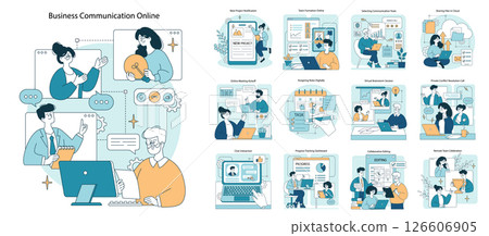 Vector illustration depicting online business communication with various team interactions, including brainstorming, video calls, file sharing, and task assignment across digital platforms. 126606905