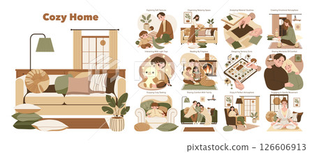 Vector illustration of a cozy home showing family sharing warmth, relaxing, playing, reading by a fireplace, organizing spaces, and enjoying soft surroundings together. Vector illustration of a cozy home showing family sharing warmth, relaxing, playing, reading by a fireplace, organizing spaces, and enjoying soft surroundings together. 126606913