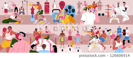 Vector illustration depicting various martial arts and boxing activities in a gym. Features people engaged in training, sparring, and practicing techniques with equipment. 126606914