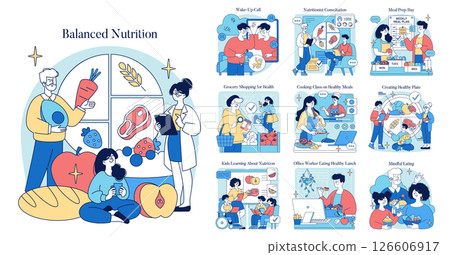 Vector illustration of balanced nutrition with people involved in various healthy eating habits, such as cooking, grocery shopping, and consulting with a nutritionist. Vector illustration of balanced nutrition with people involved in various healthy eating habits, such as cooking, grocery shopping, and consulting with a nutritionist. 126606917