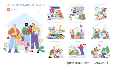 Vector illustration depicting a multi-generational family engaged in various activities like cooking, gardening, and technology use, showcasing interactions across age groups. Vector illustration depicting a multi-generational family engaged in various activities like cooking, gardening, and technology use, showcasing interactions across age groups. 126606918