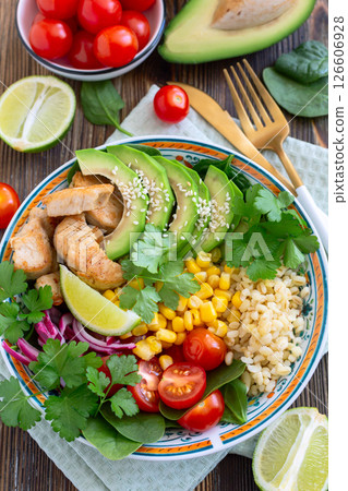 Fresh vegetables and chicken meat Delight Bowl. 126606928