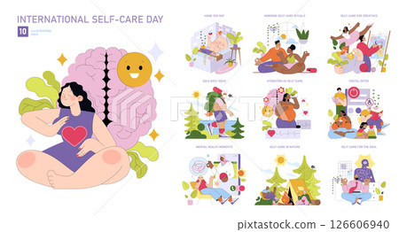 Vector illustration pack celebrating International Self-Care Day. Includes activities like nature connection, digital detox, and solo adventures. Emphasizes mental and physical well-being. Vector illustration pack celebrating International Self-Care Day. Includes activities like nature connection, digital detox, and solo adventures. Emphasizes mental and physical well-being. 126606940