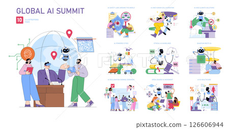 Global AI Summit, highlighting AI-human collaboration, ethical AI guidelines, and AI-powered cities. The images depict robots interacting with humans, AI applications in healthcare and climate 126606944