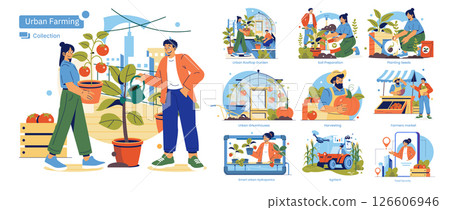 Urban farming activities showing individuals engaged in rooftop gardening, greenhouse care, and hydroponics. Vibrant vector illustrations capturing sustainable urban agriculture and community farming. 126606946