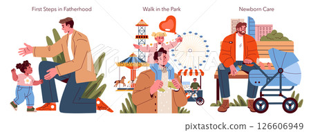 Fathers Day set. Joyful moments of fatherhood illustrated in three scenes: guiding first steps, fun day at the park, and caring for a newborn. Vector illustration. Fathers Day set. Joyful moments of fatherhood illustrated in three scenes: guiding first steps, fun day at the park, and caring for a newborn. Vector illustration. 126606949