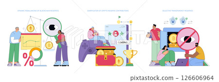 Vector illustrations depicting dynamic rebalancing of blockchain reserves, gamification of crypto reserve contributions, and selective transparency. People interacting with blockchain concepts and Vector illustrations depicting dynamic rebalancing of blockchain reserves, gamification of crypto reserve contributions, and selective transparency. People interacting with blockchain concepts and 126606964