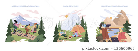 Mountain Tourism set. Outdoor adventure cycling, digital detox trekking and camping, remote work with laptops by the lake in the mountains. Relaxation, nature escape, healthy lifestyle. Vector Mountain Tourism set. Outdoor adventure cycling, digital detox trekking and camping, remote work with laptops by the lake in the mountains. Relaxation, nature escape, healthy lifestyle. Vector 126606965